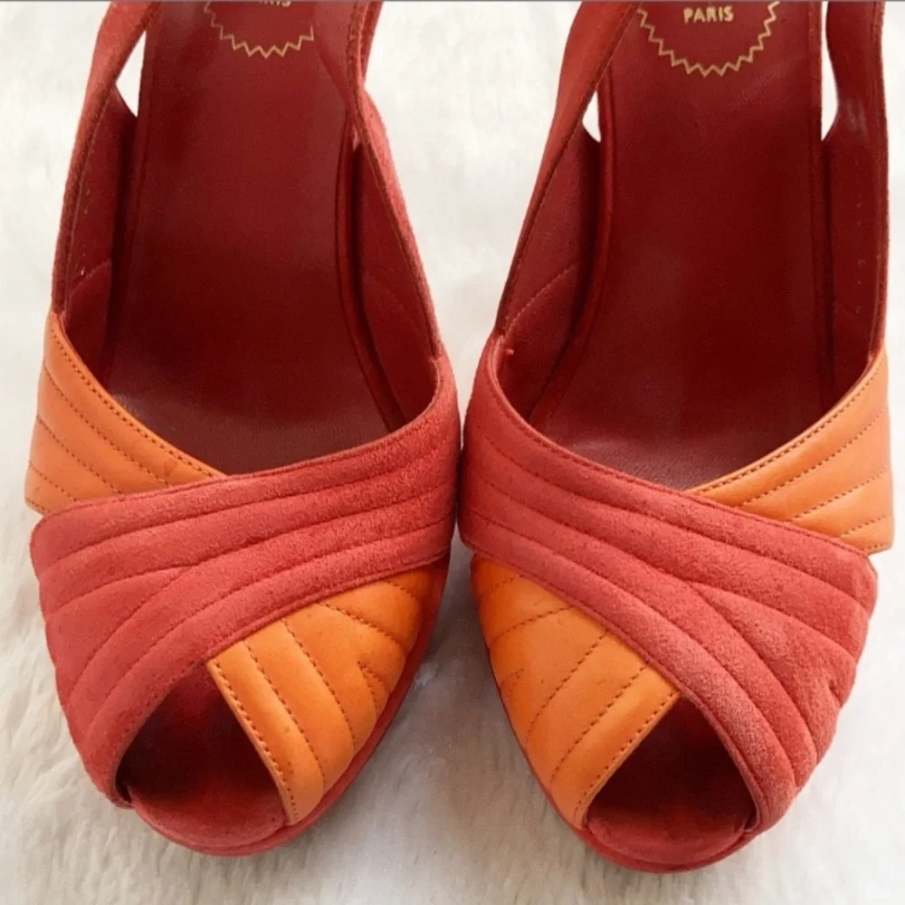 YSL Logo Palais 105 Orange and Coral Slingback Platform Heels, size 37.5 - Picture 4 of 11